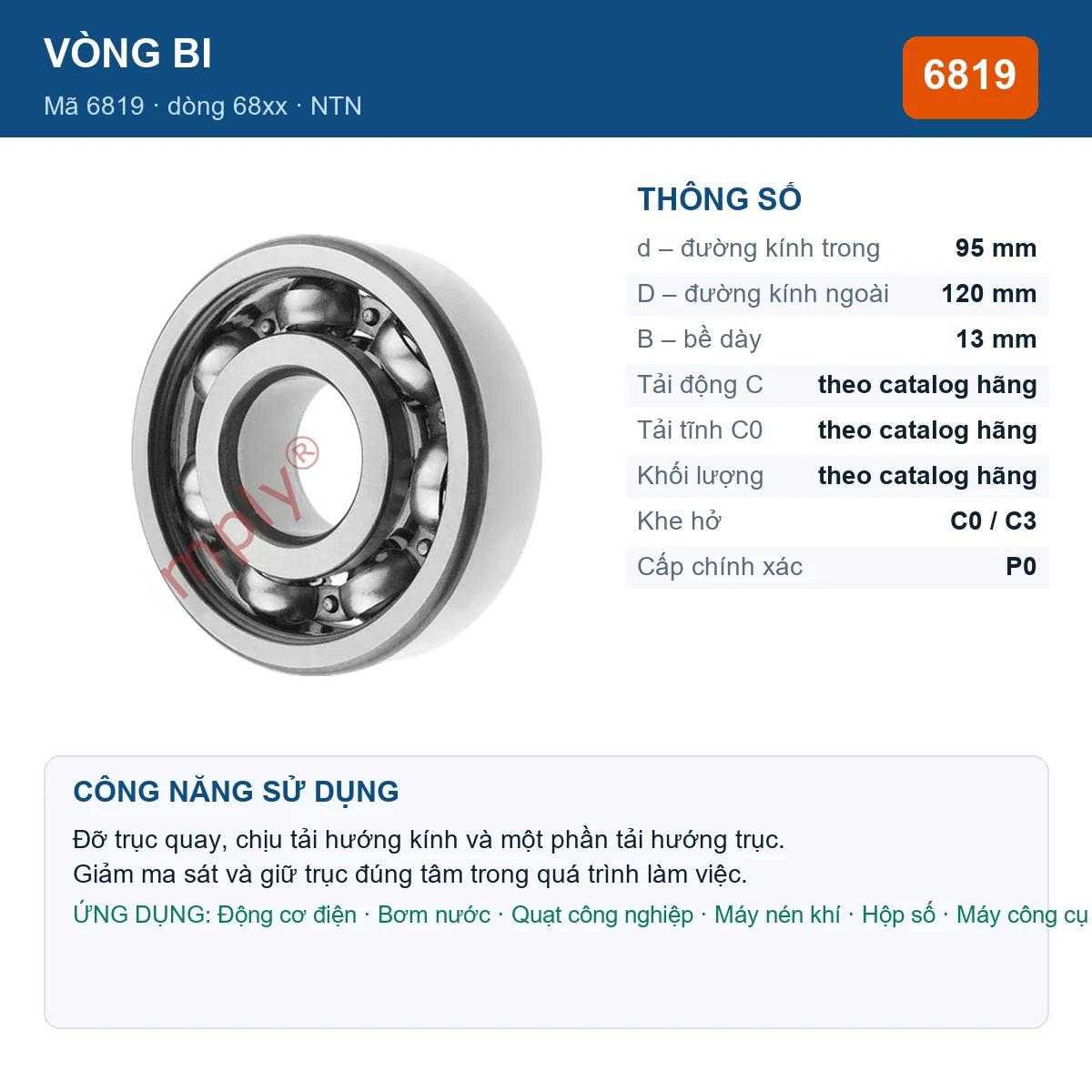 Vòng bi NTN 6819 — kích thước 95x120x13mm
