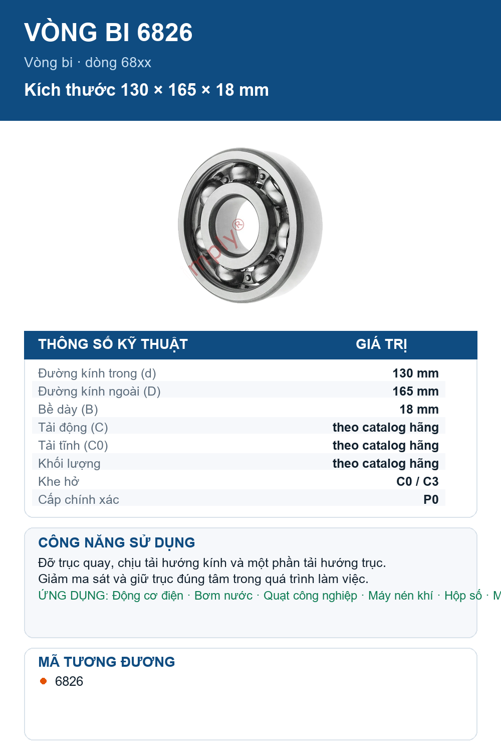 Vòng bi NTN 6826 130x165x18mm — Ảnh thông số (Pinterest)