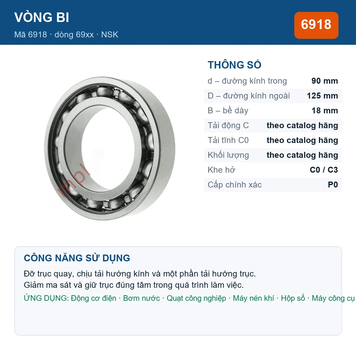 Vòng bi NSK 6918 — kích thước 90x125x18mm