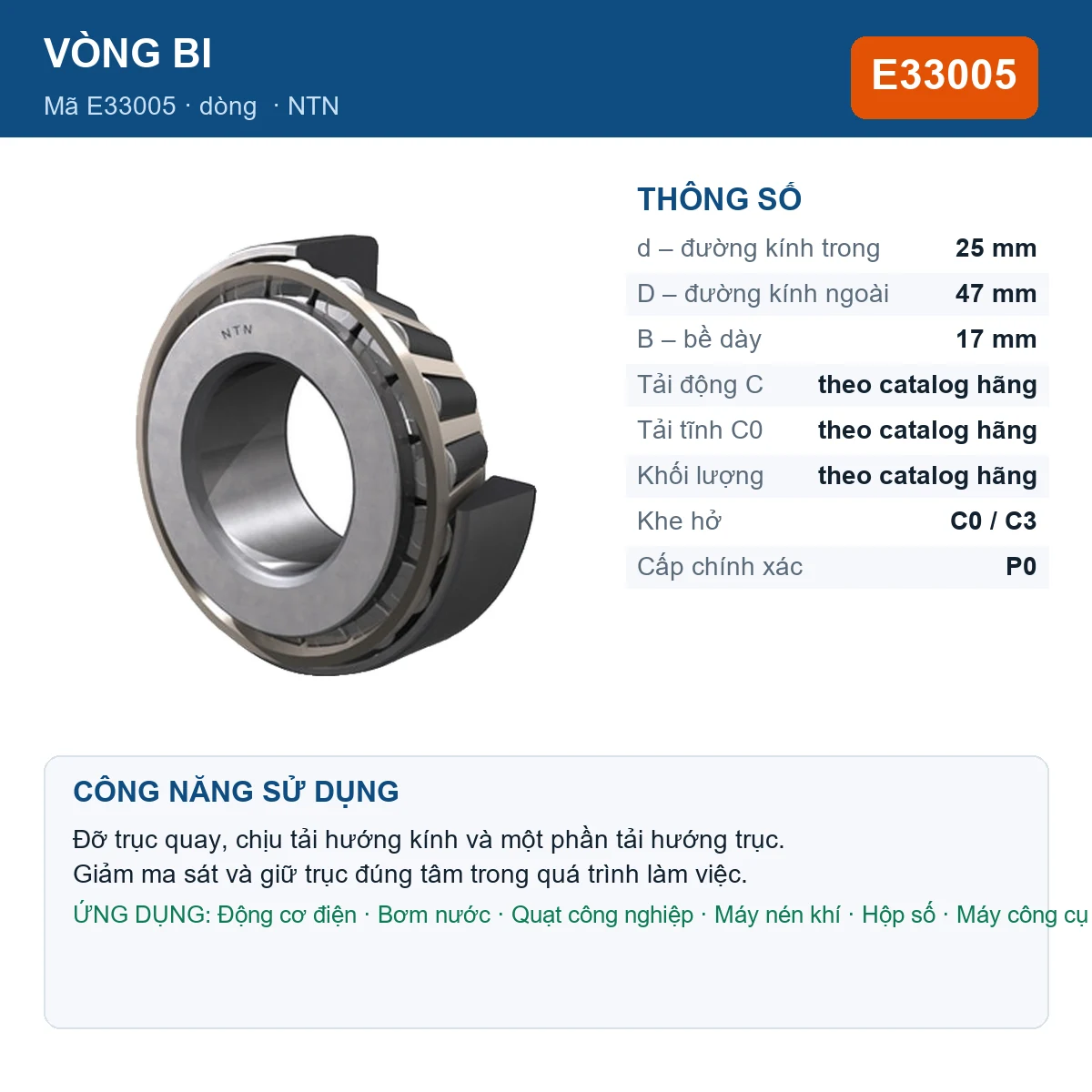 Vòng bi NTN E33005 — kích thước 25x47x17mm