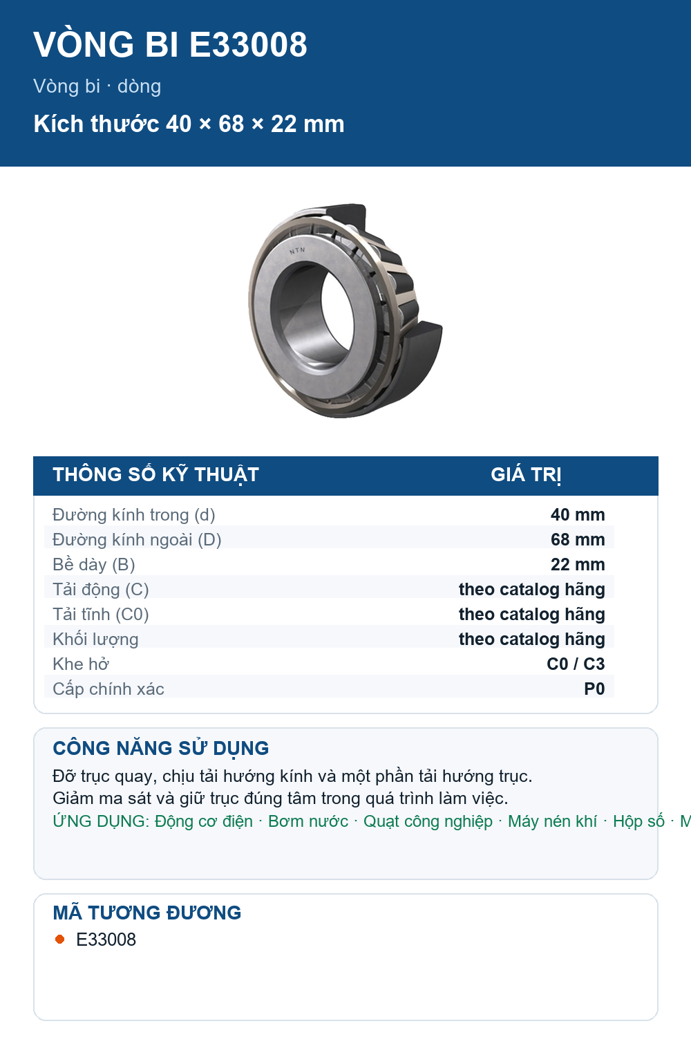 Vòng bi NTN E33008 40x68x22mm — Ảnh thông số (Pinterest)