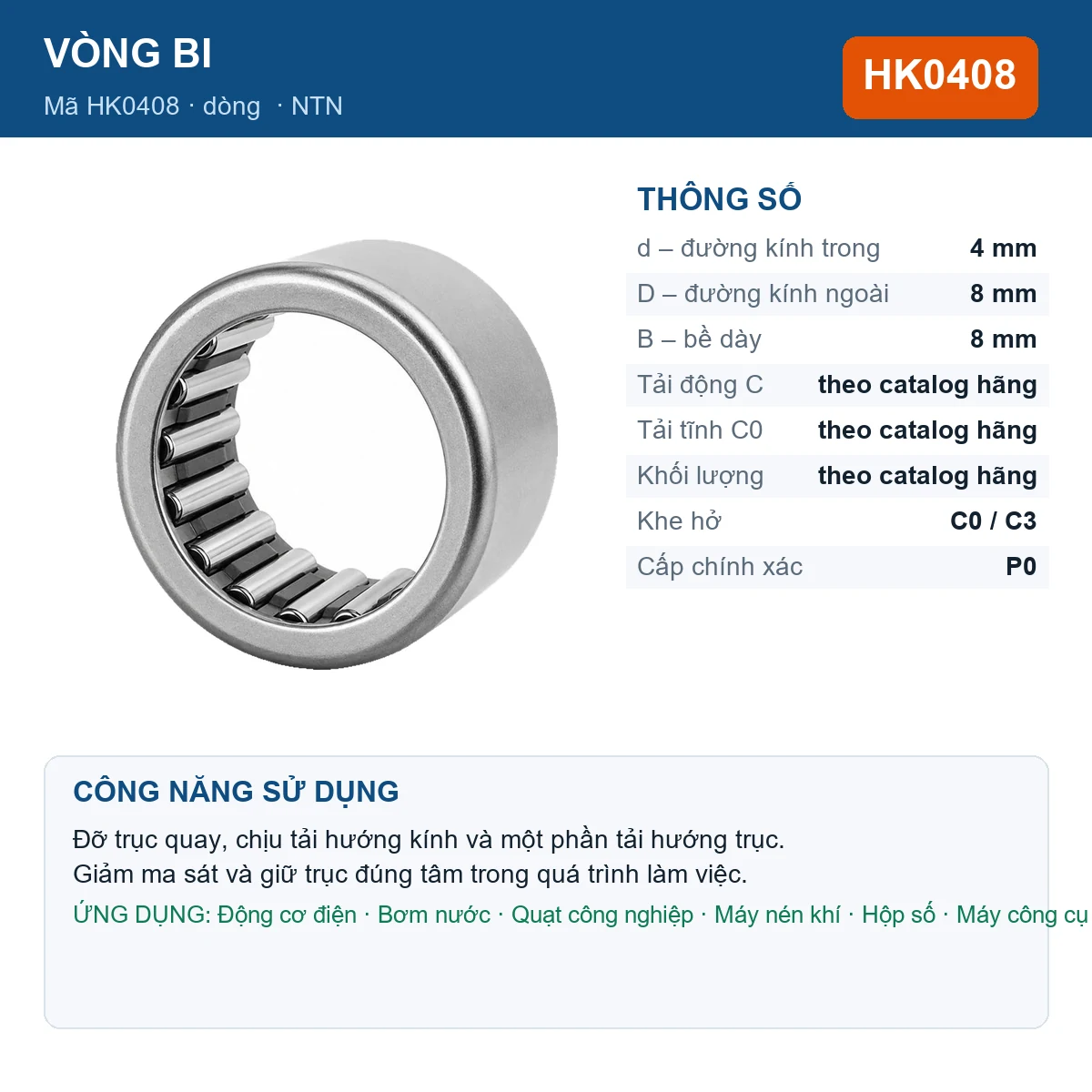 Vòng bi NTN HK0408 — kích thước 4x8x8mm
