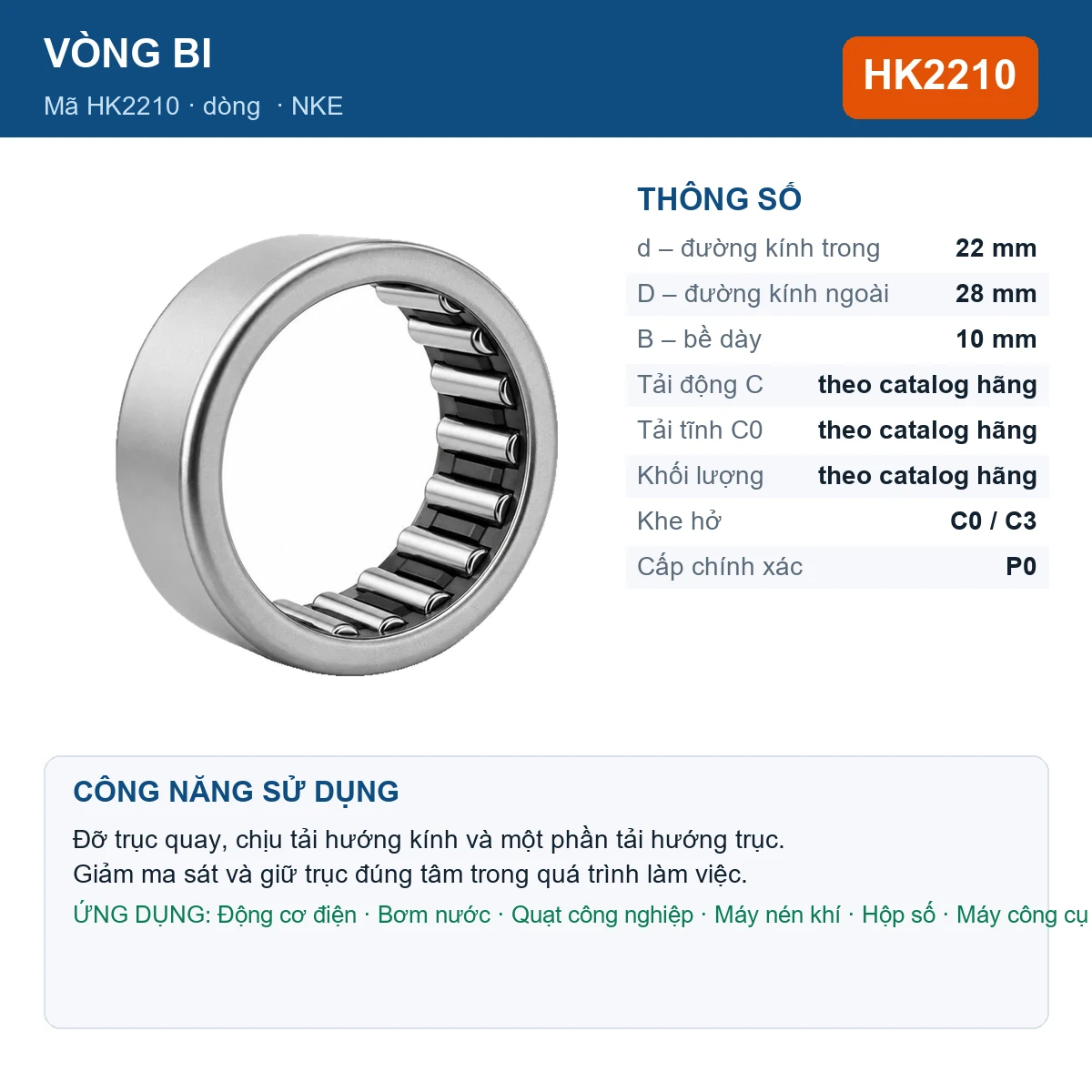 Vòng bi NKE HK2210 — kích thước 22x28x10mm