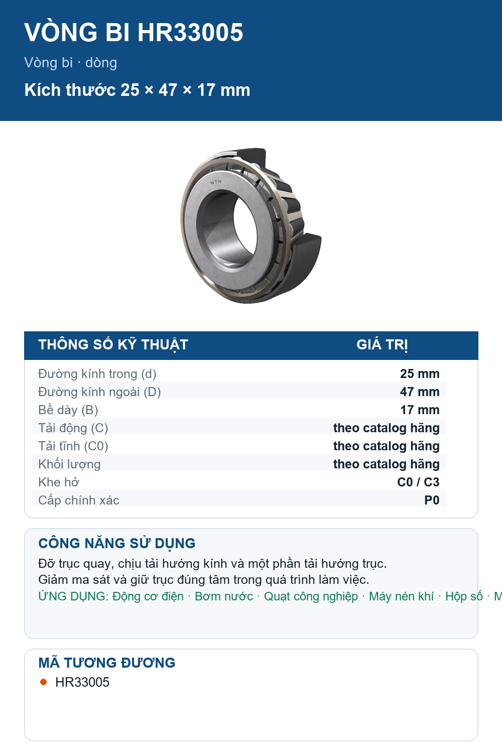 Vòng bi NTN HR33005 25x47x17mm — Ảnh thông số (Pinterest)