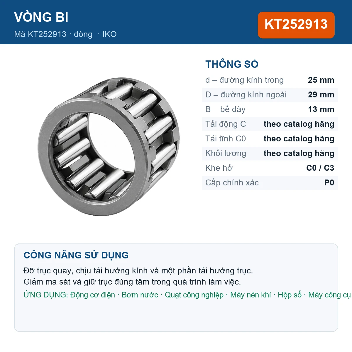 Vòng bi IKO KT252913 — kích thước 25x29x13mm