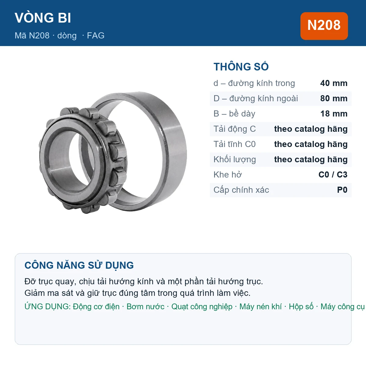 Vòng bi FAG N208 — kích thước 40x80x18mm