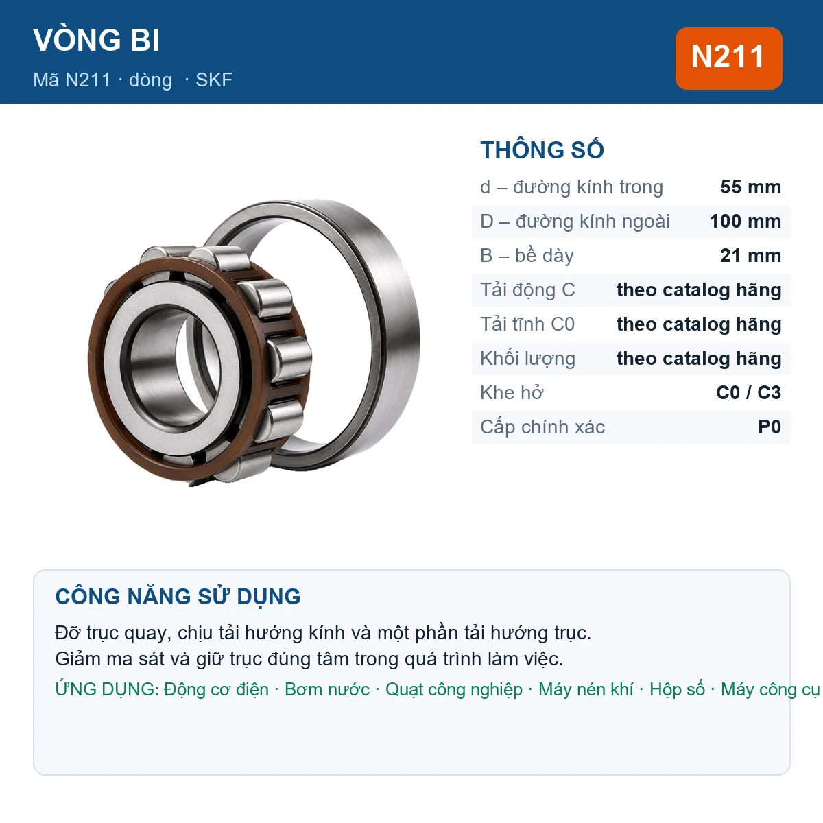 Vòng bi SKF N211 55x100x21mm — Ảnh đăng sản phẩm (web)
