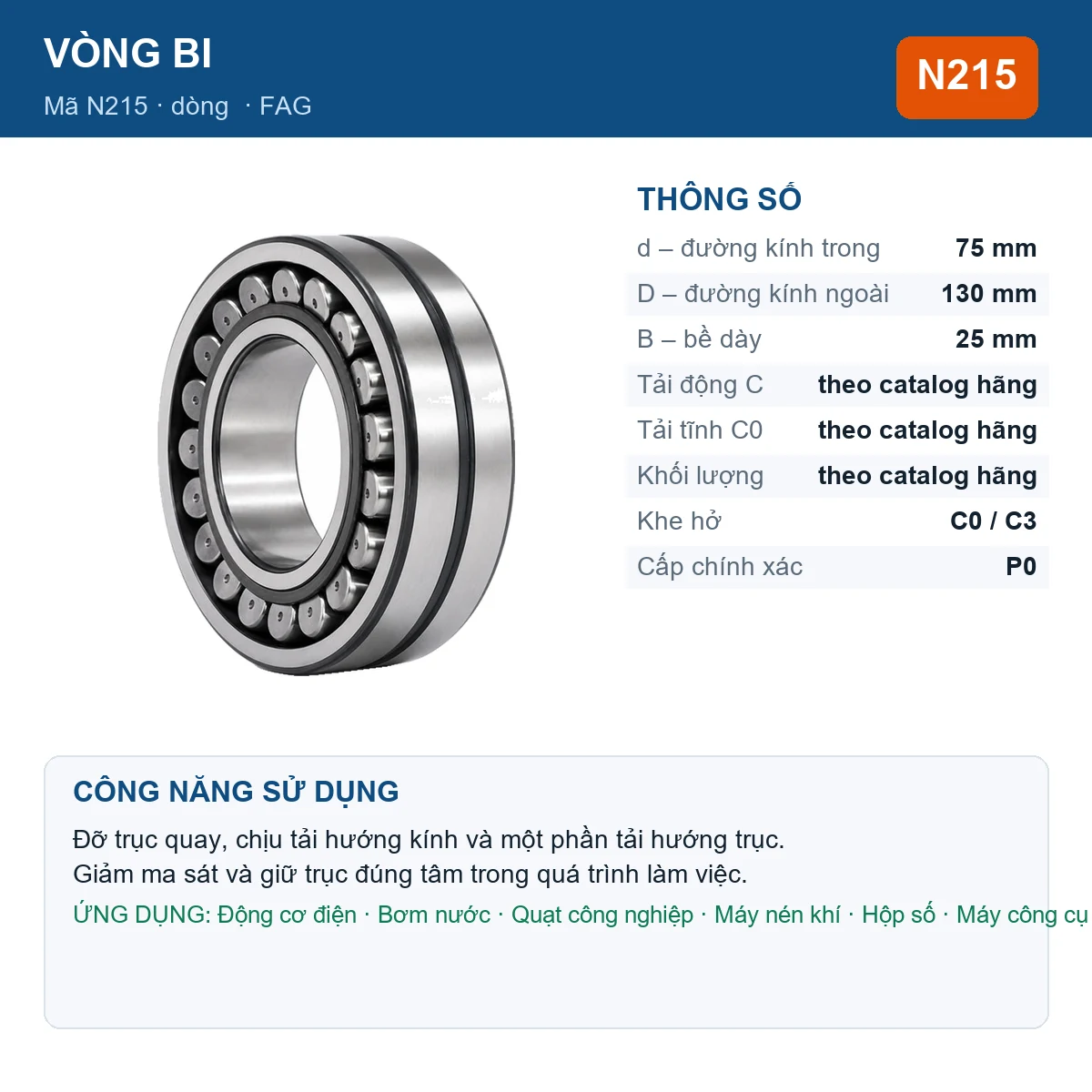 Vòng bi FAG N215 — kích thước 75x130x25mm