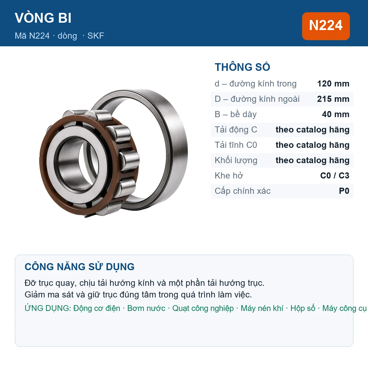 Vòng bi SKF N224 120x215x40mm — Ảnh đăng sản phẩm (web)
