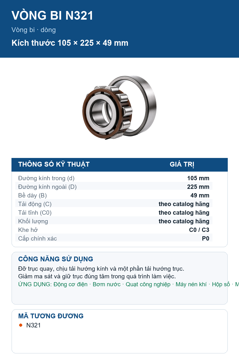 Vòng bi SKF N321 105x225x49mm — Ảnh thông số (Pinterest)