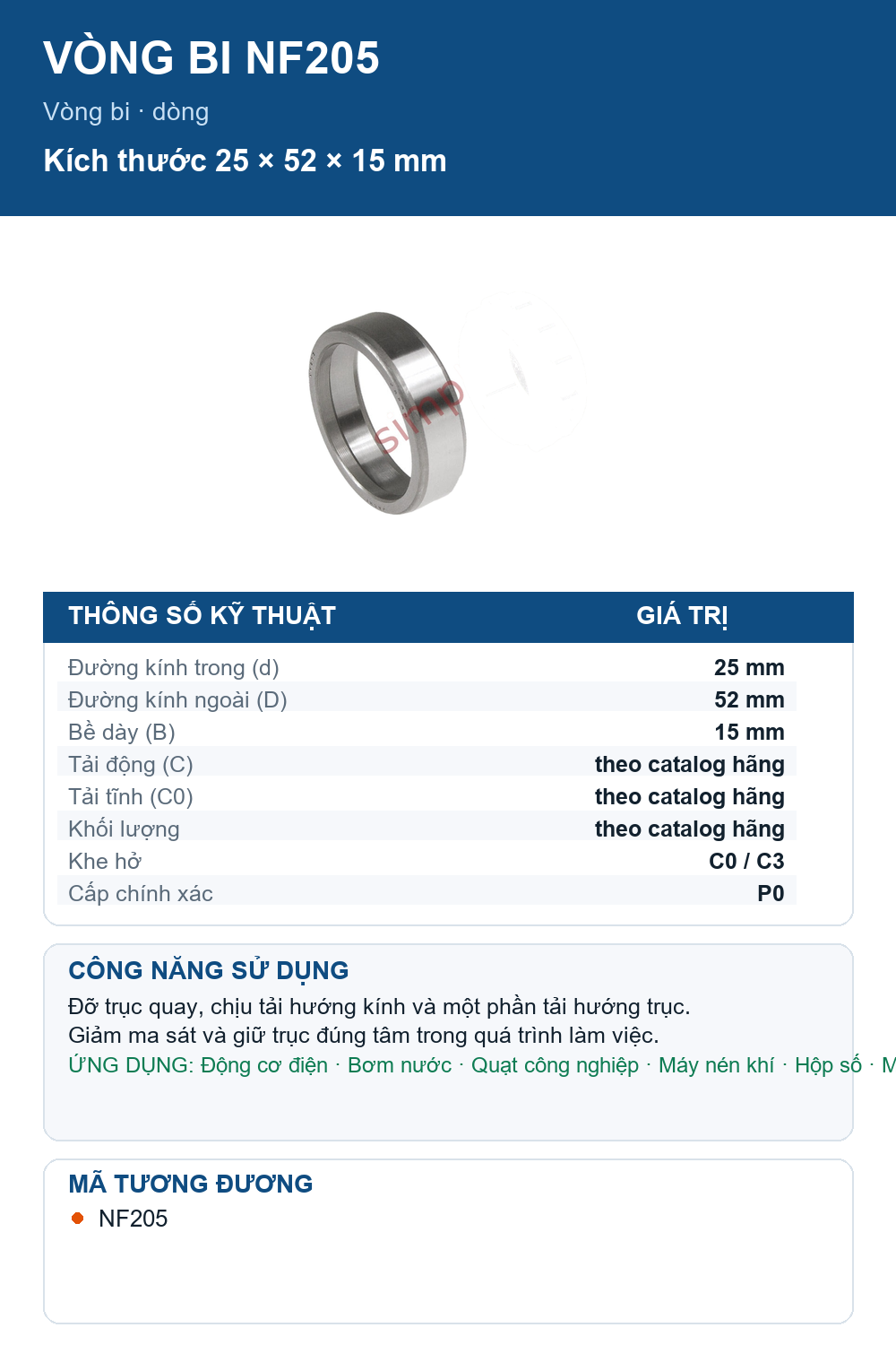 Vòng bi Major Brand NF205 25x52x15mm — Ảnh thông số (Pinterest)