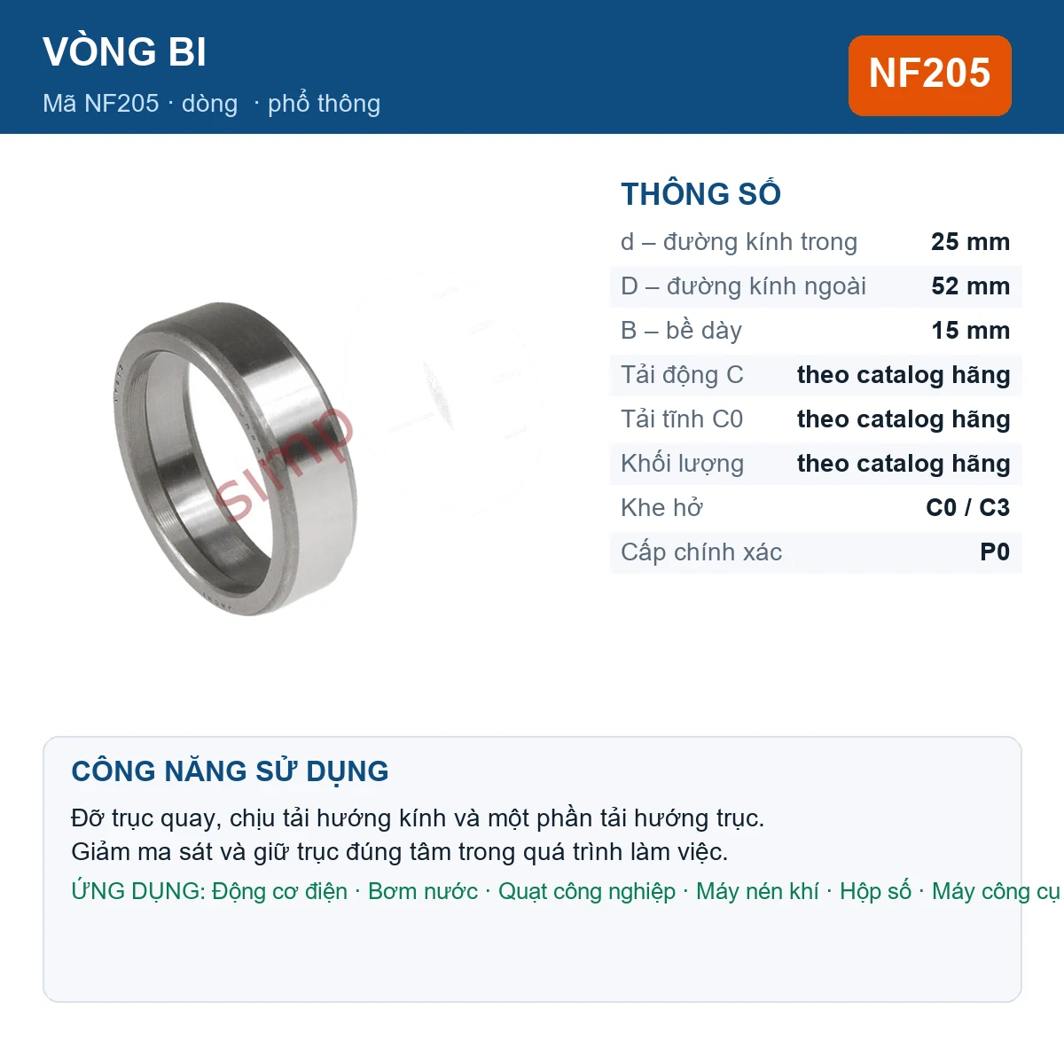 Vòng bi Major Brand NF205 — kích thước 25x52x15mm