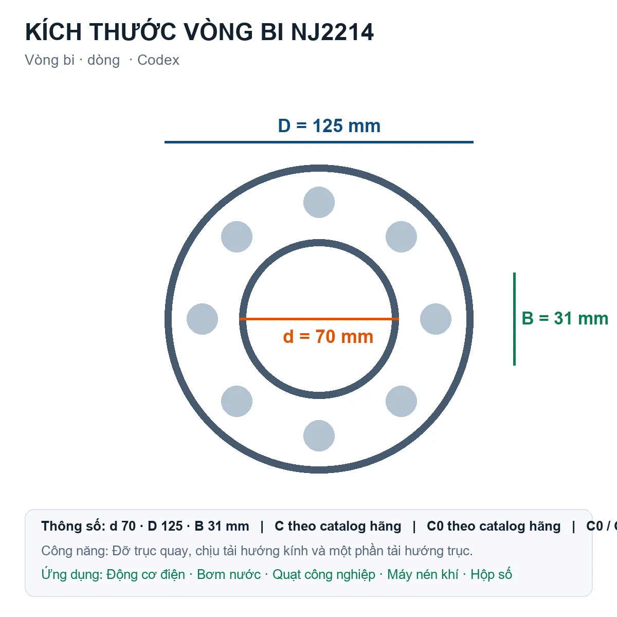 Vòng bi Codex NJ2214 70x125x31mm — Bản vẽ kích thước (Google Images)
