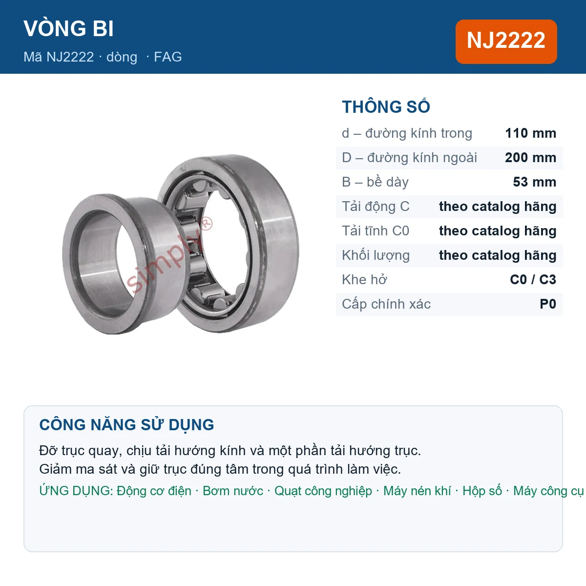 Vòng bi FAG NJ2222 — kích thước 110x200x53mm