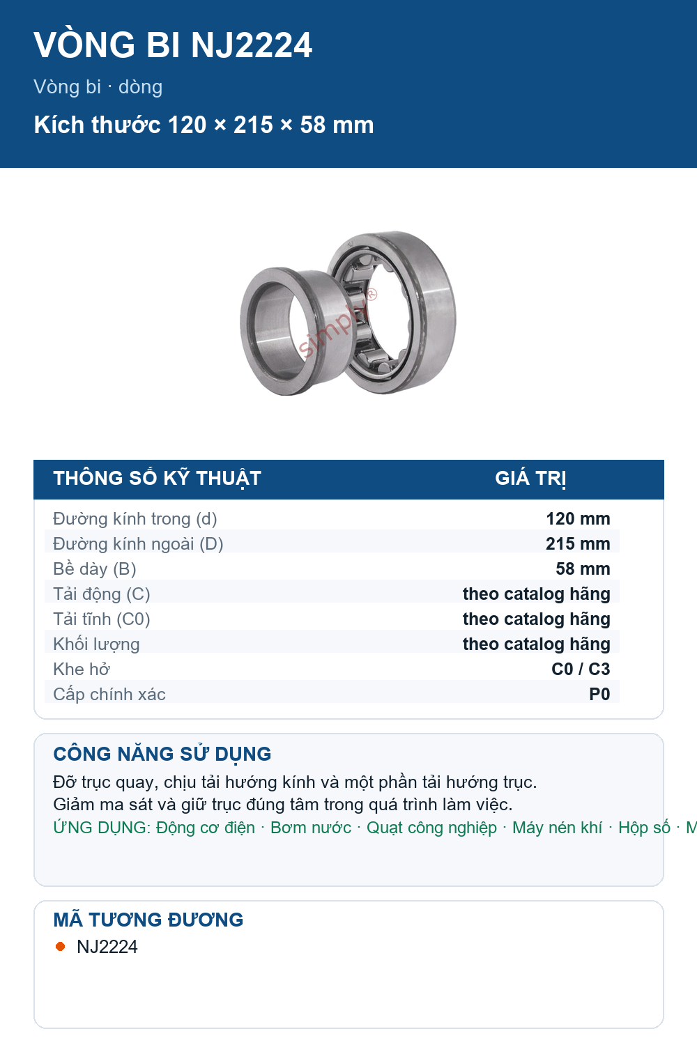 Vòng bi FAG NJ2224 120x215x58mm — Ảnh thông số (Pinterest)