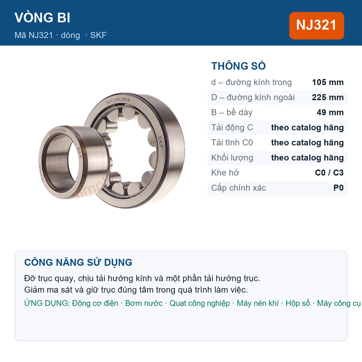 Vòng bi SKF NJ321 105x225x49mm — Ảnh đăng sản phẩm (web)