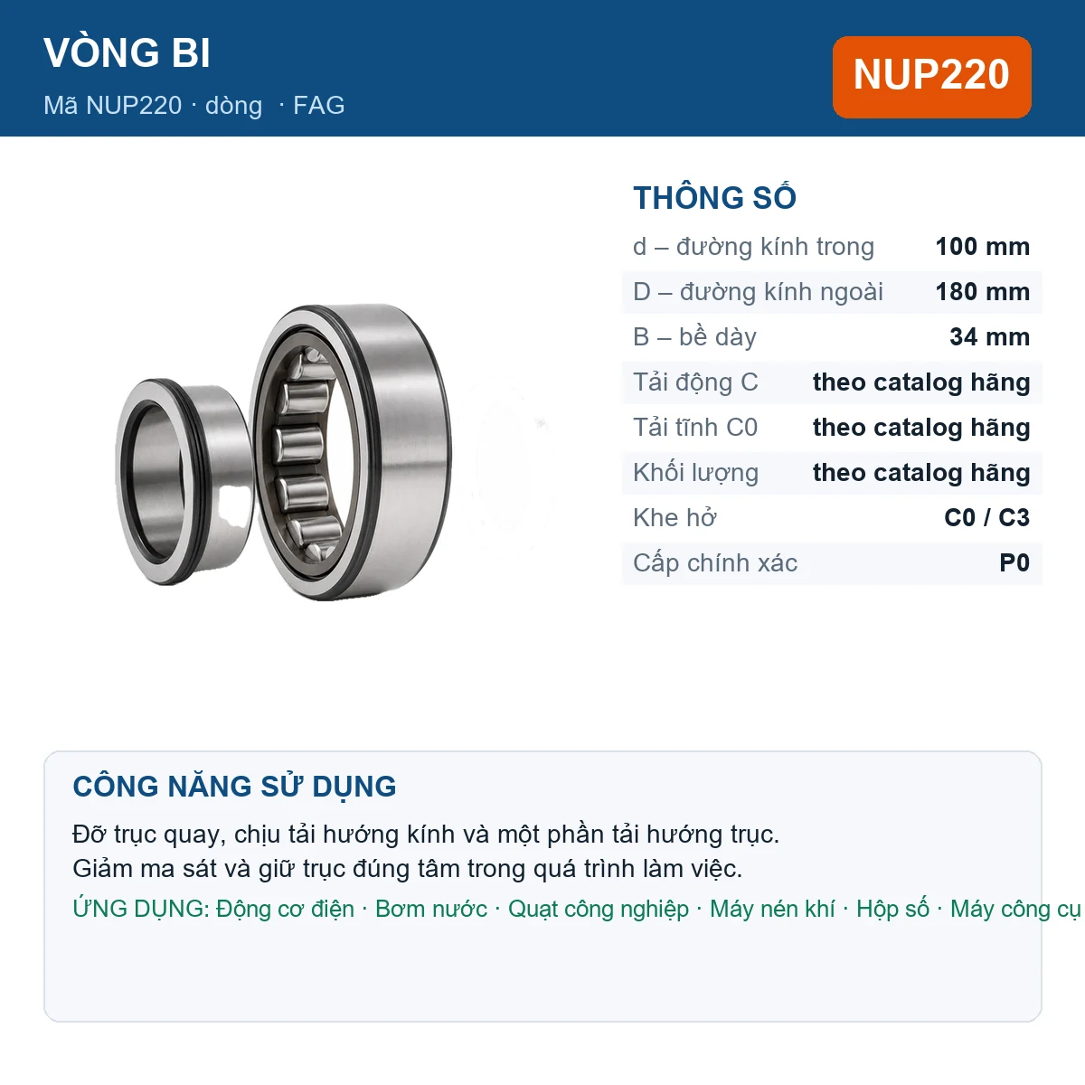 Vòng bi FAG NUP220 — kích thước 100x180x34mm