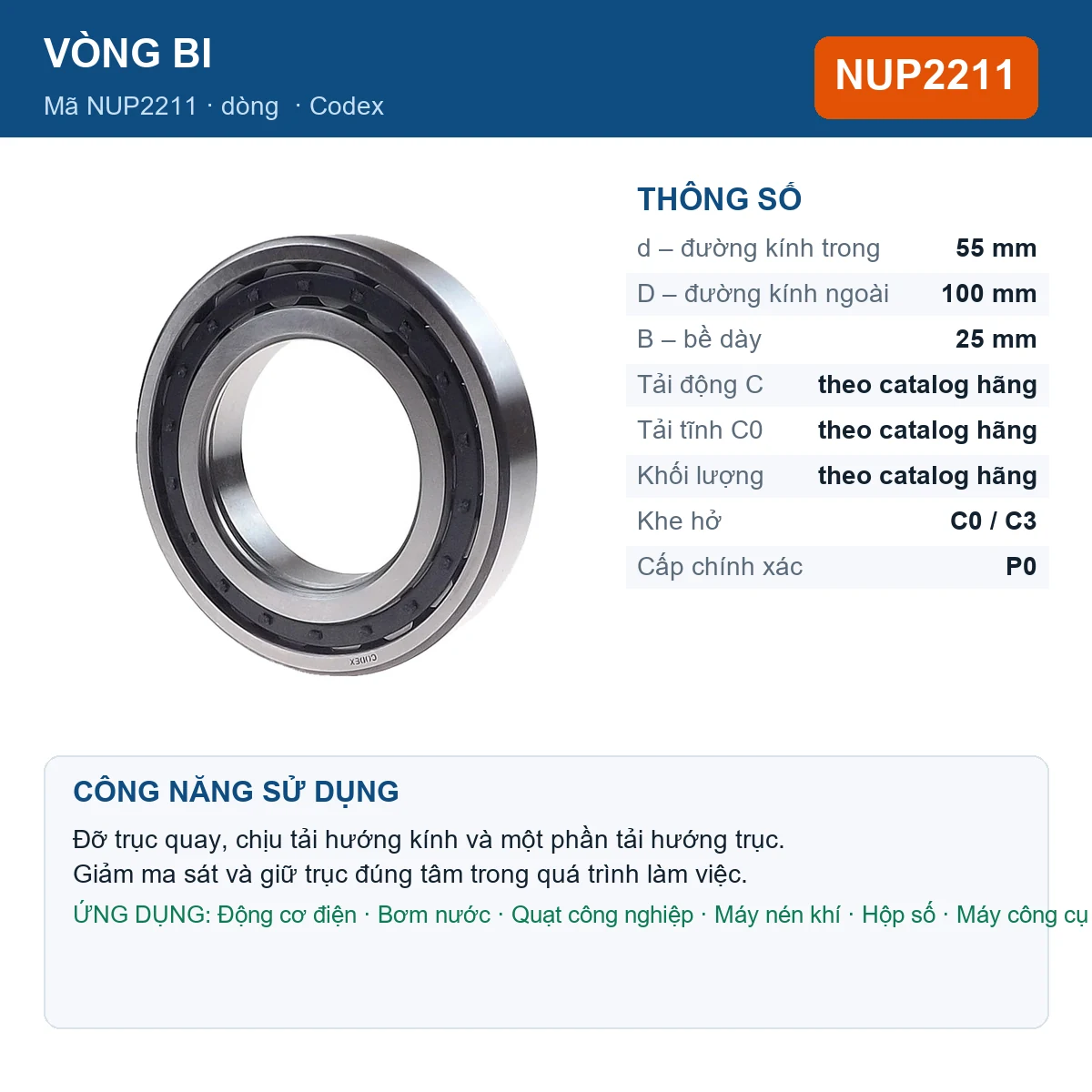 Vòng bi Codex NUP2211 — kích thước 55x100x25mm