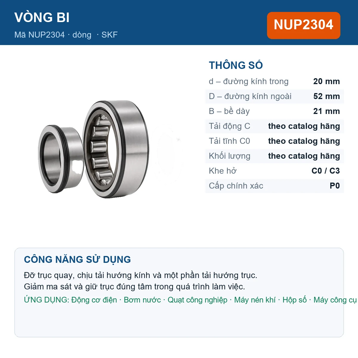 Vòng bi SKF NUP2304 — kích thước 20x52x21mm