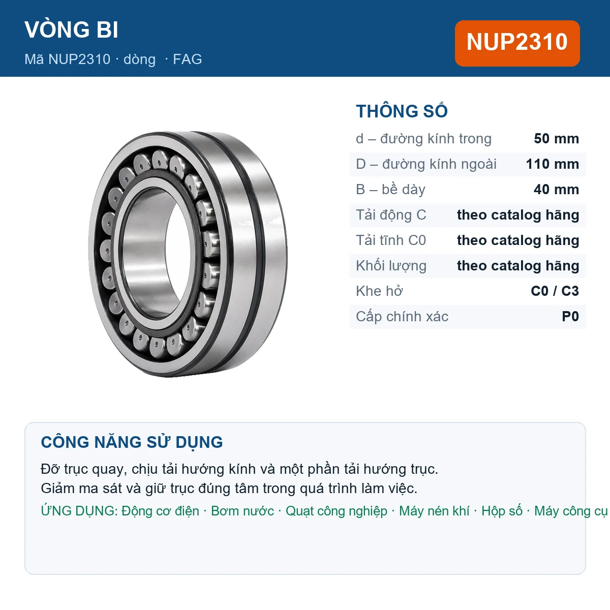 Vòng bi FAG NUP2310 — kích thước 50x110x40mm