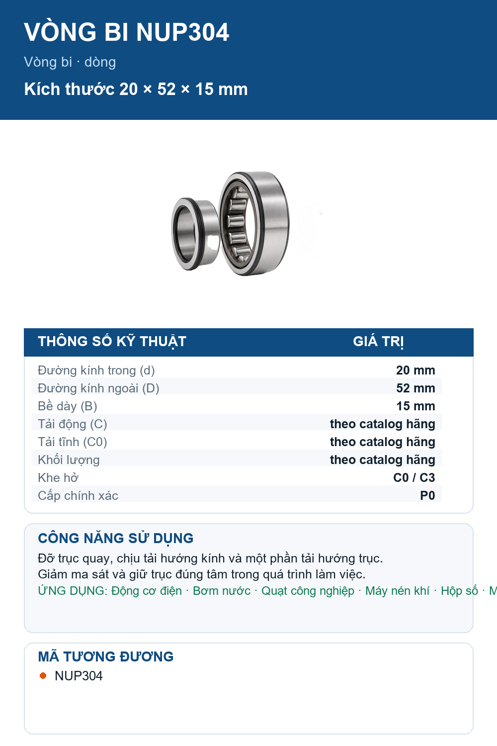 Vòng bi FAG NUP304 20x52x15mm — Ảnh thông số (Pinterest)
