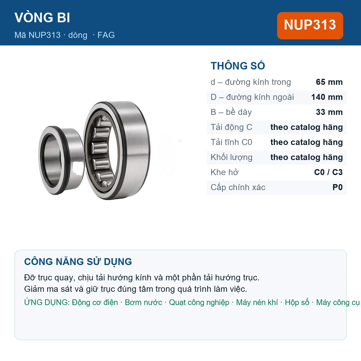 Vòng bi FAG NUP313 — kích thước 65x140x33mm
