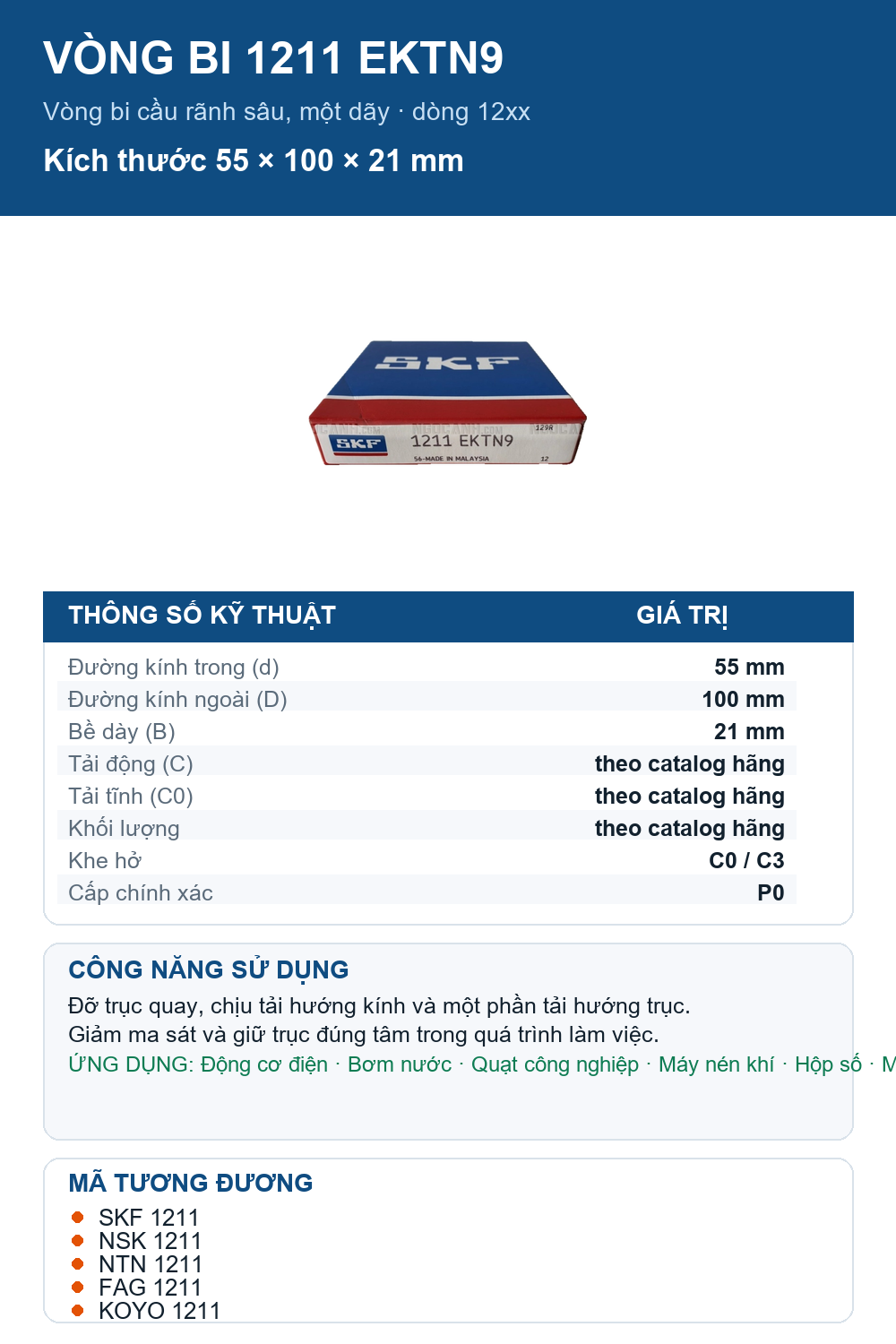 Vòng bi SKF 1211 EKTN9 55x100x21mm — Ảnh thông số (Pinterest)