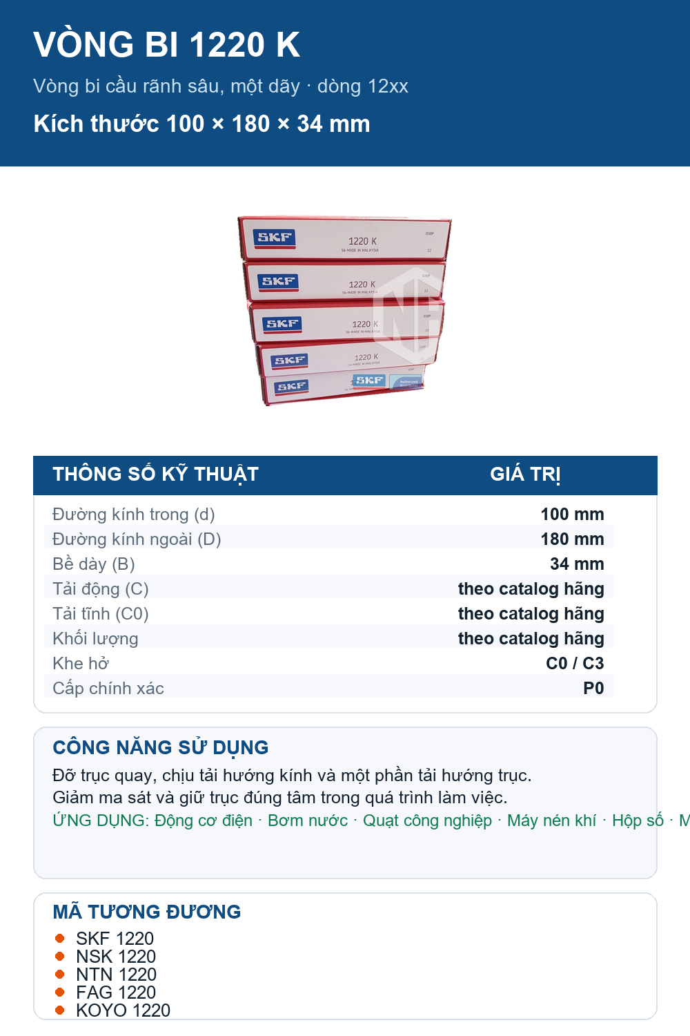 Vòng bi SKF 1220 K 100x180x34mm — Ảnh thông số (Pinterest)