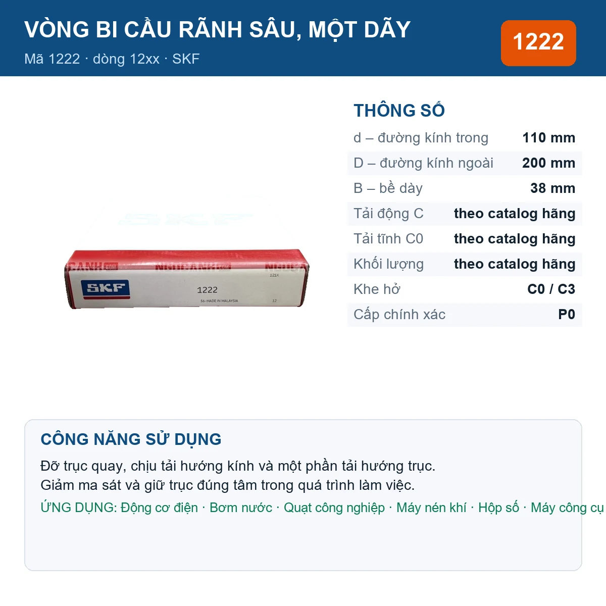 Vòng bi SKF 1222 — kích thước 110x200x38mm