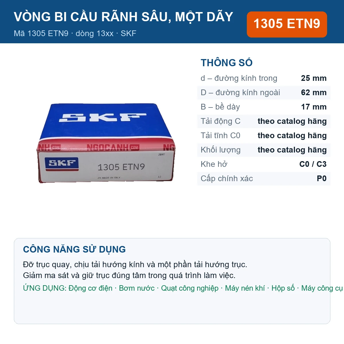Vòng bi SKF 1305 ETN9 — kích thước 25x62x17mm