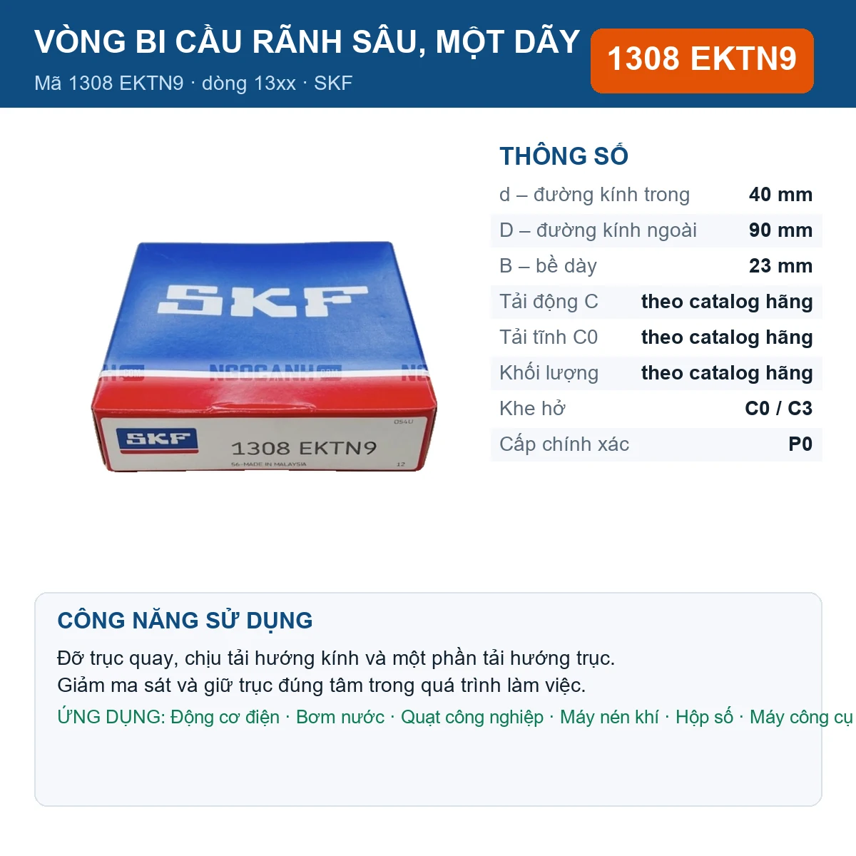 Vòng bi SKF 1308 EKTN9 — kích thước 40x90x23mm