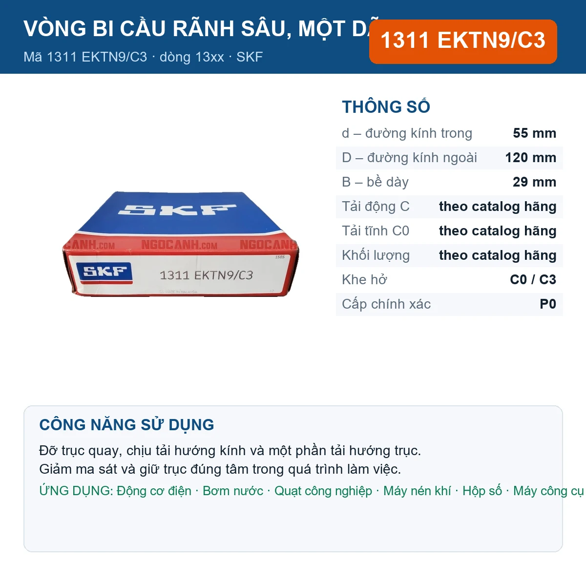 Vòng bi SKF 1311 EKTN9/C3 — kích thước 55x120x29mm