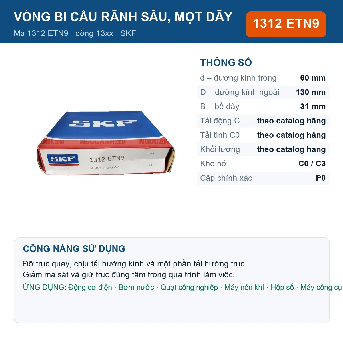 Vòng bi SKF 1312 ETN9 — kích thước 60x130x31mm