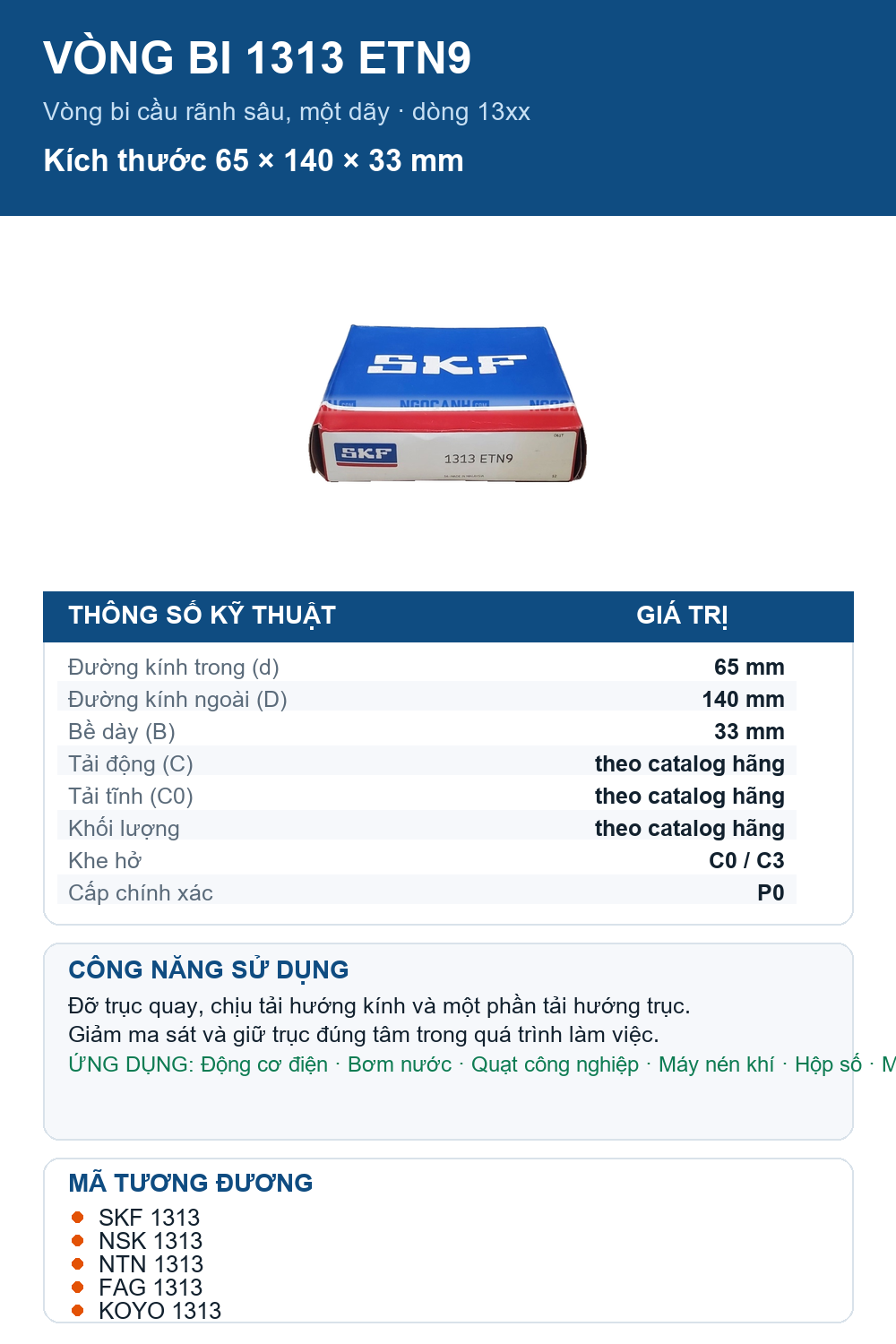 Vòng bi SKF 1313 ETN9 65x140x33mm — Ảnh thông số (Pinterest)