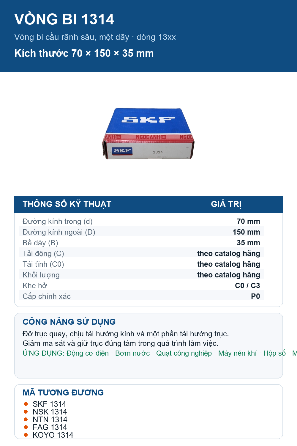 Vòng bi SKF 1314 70x150x35mm — Ảnh thông số (Pinterest)