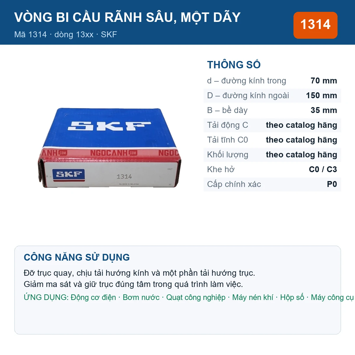 Vòng bi SKF 1314 — kích thước 70x150x35mm