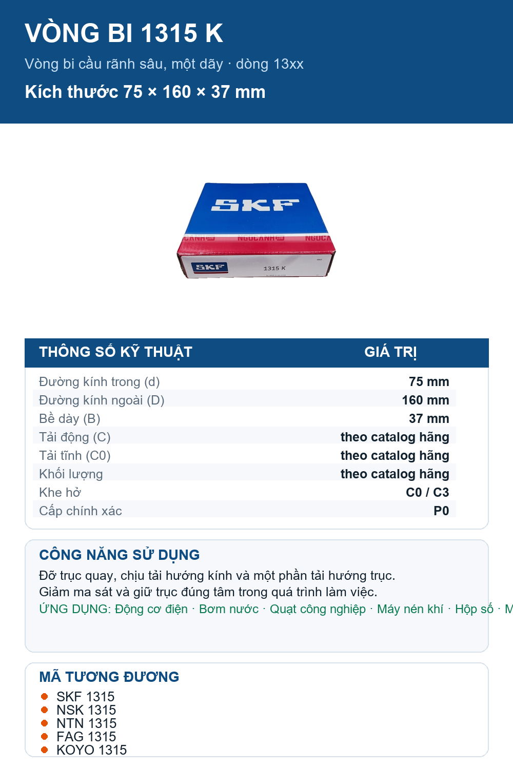 Vòng bi SKF 1315 K 75x160x37mm — Ảnh thông số (Pinterest)
