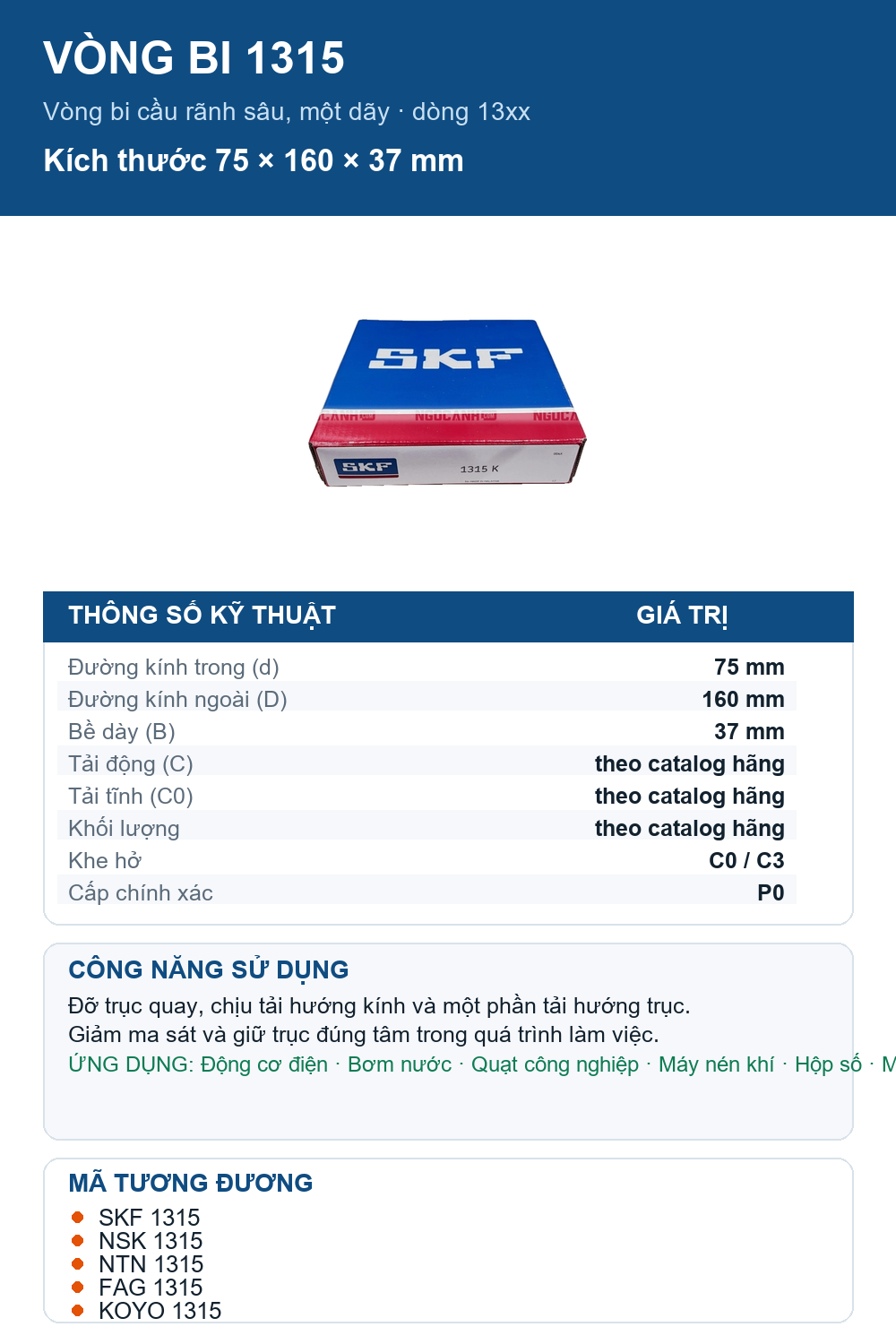 Vòng bi SKF 1315 75x160x37mm — Ảnh thông số (Pinterest)