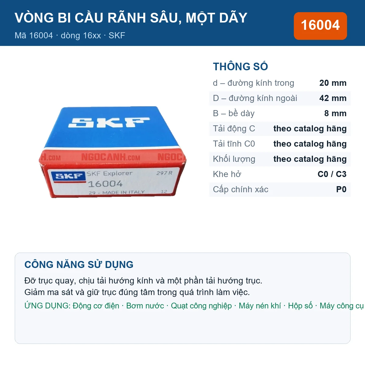 Vòng bi SKF 16004 — kích thước 20x42x8mm
