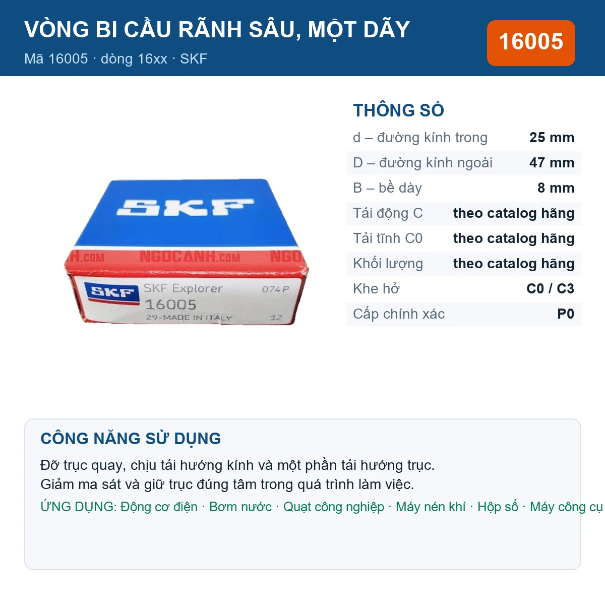 Vòng bi SKF 16005 — kích thước 25x47x8mm