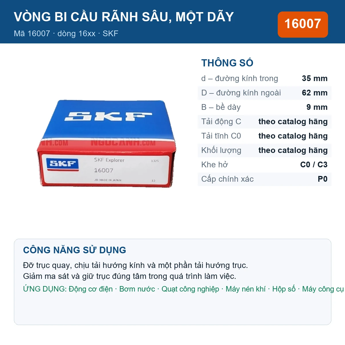 Vòng bi SKF 16007 — kích thước 35x62x9mm