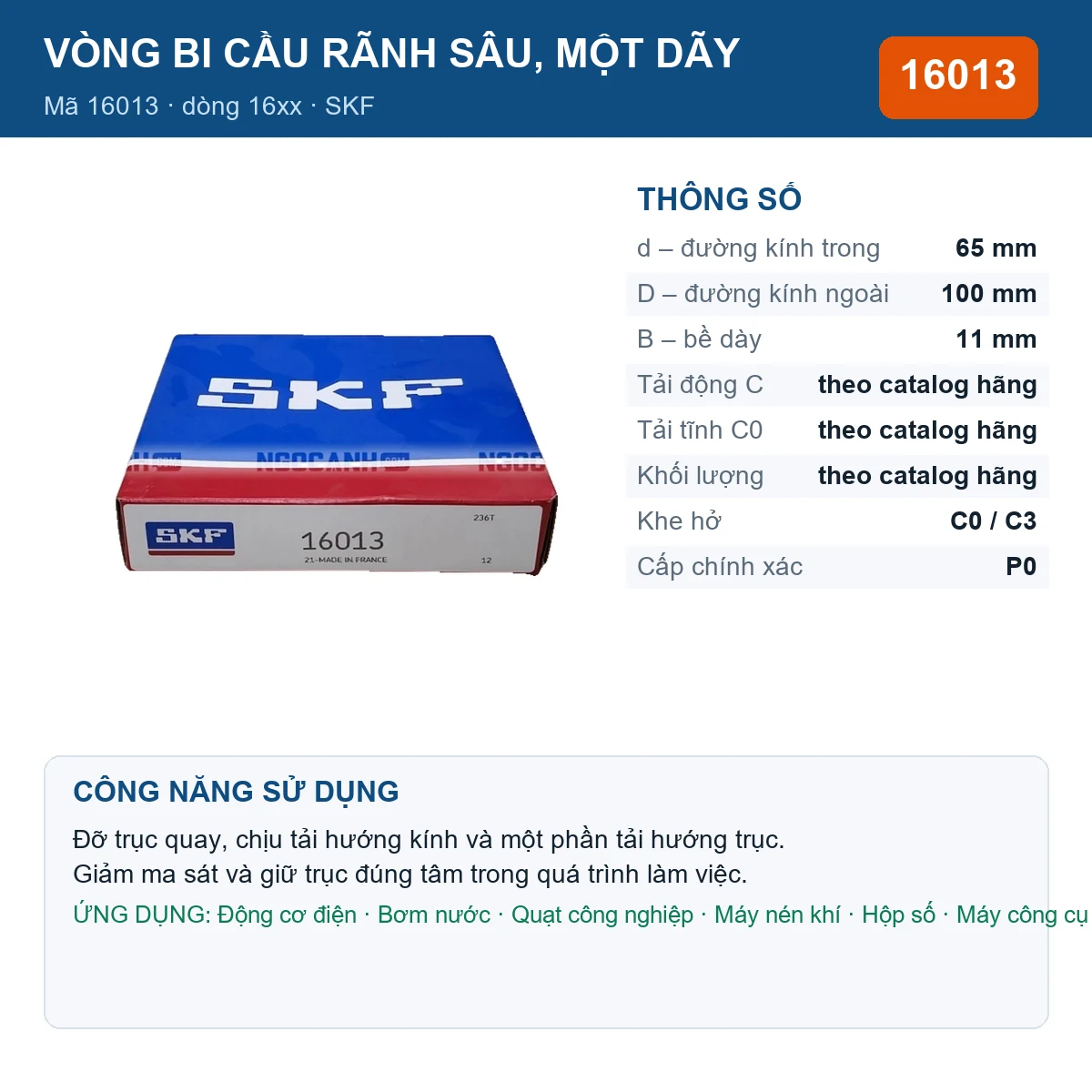 Vòng bi SKF 16013 — kích thước 65x100x11mm