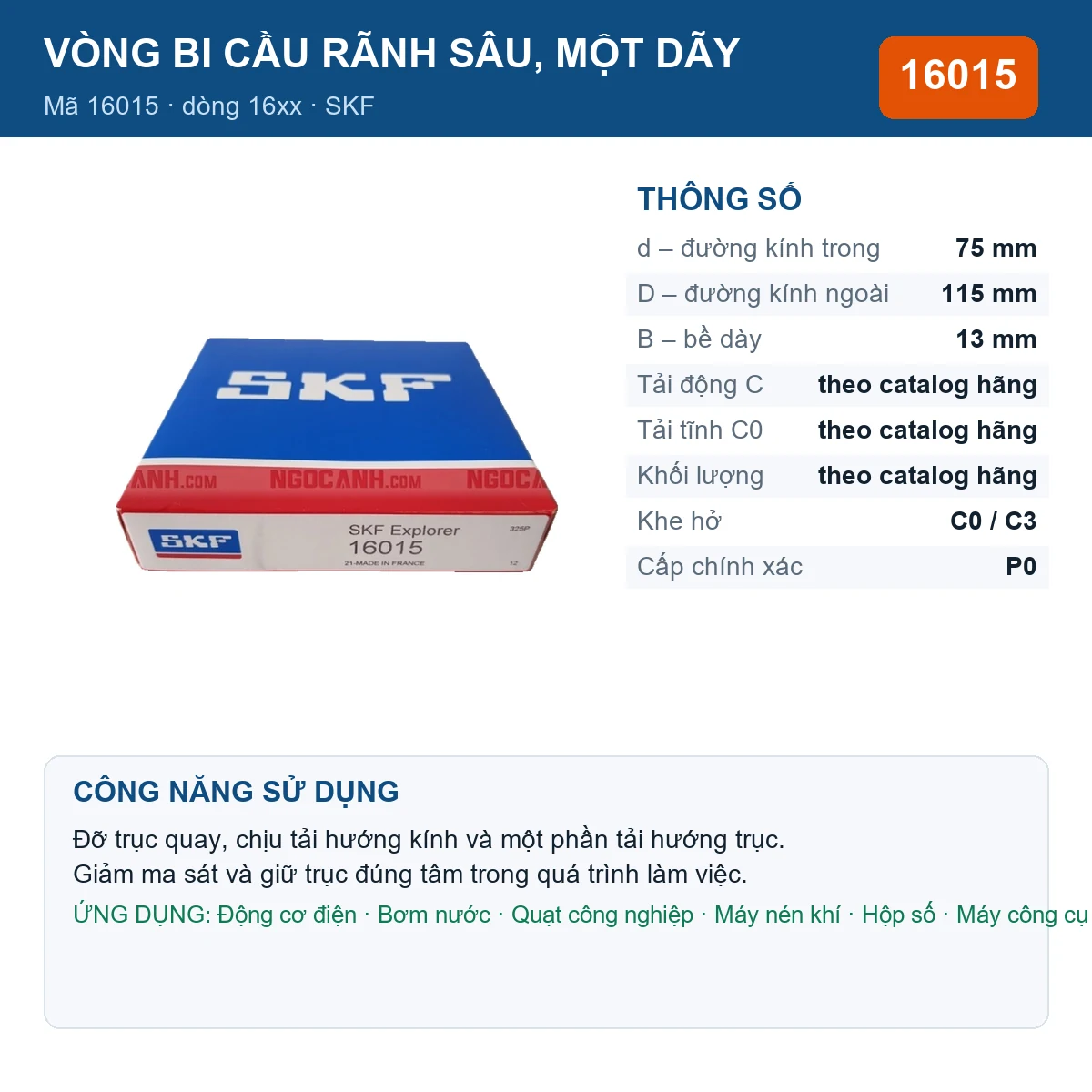 Vòng bi SKF 16015 — kích thước 75x115x13mm
