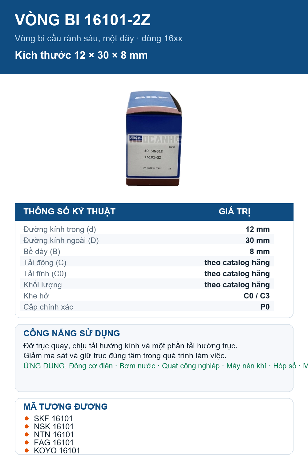 Vòng bi SKF 16101-2Z 12x30x8mm — Ảnh thông số (Pinterest)