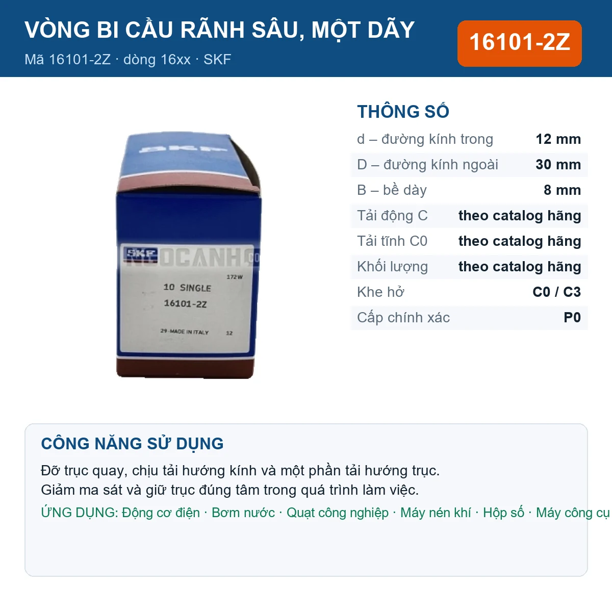 Vòng bi SKF 16101-2Z — kích thước 12x30x8mm