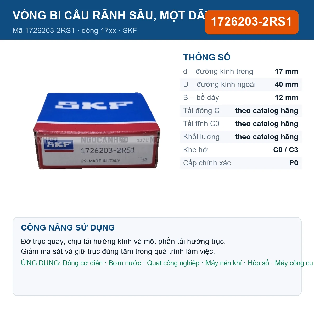 Vòng bi SKF 1726203-2RS1 17x40x12mm — Ảnh đăng sản phẩm (web)
