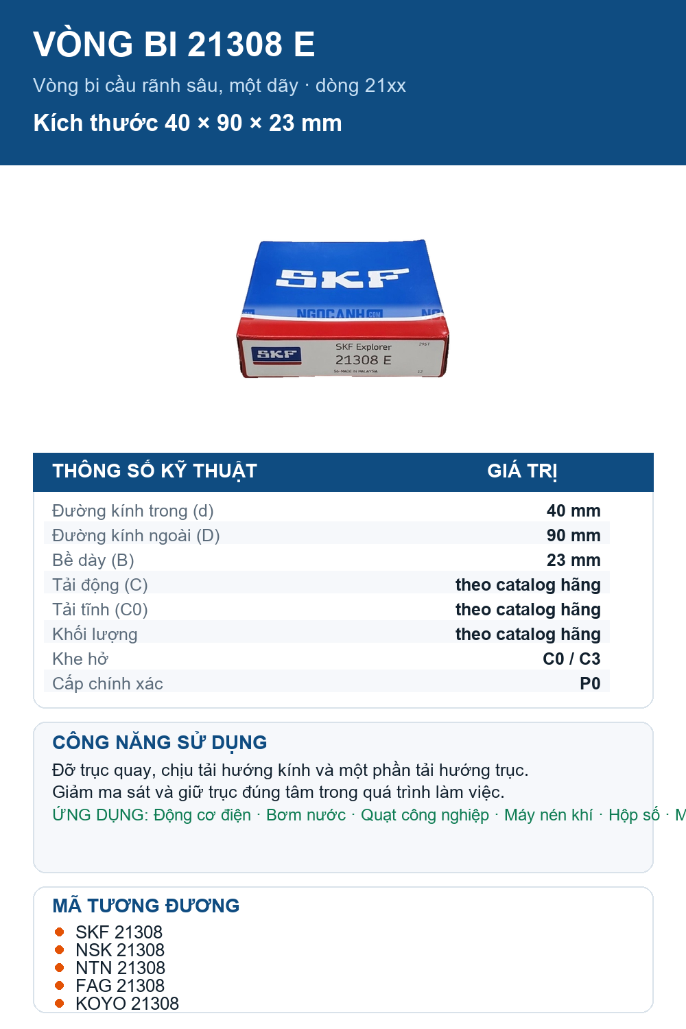 Vòng bi SKF 21308 E 40x90x23mm — Ảnh thông số (Pinterest)