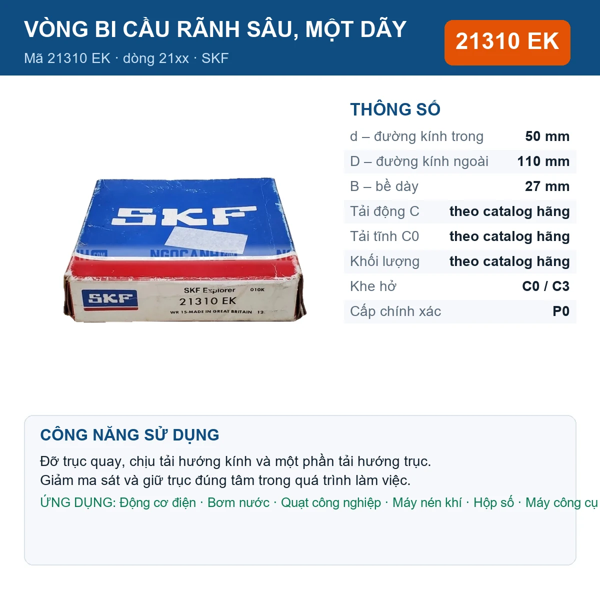 Vòng bi SKF 21310 EK — kích thước 50x110x27mm