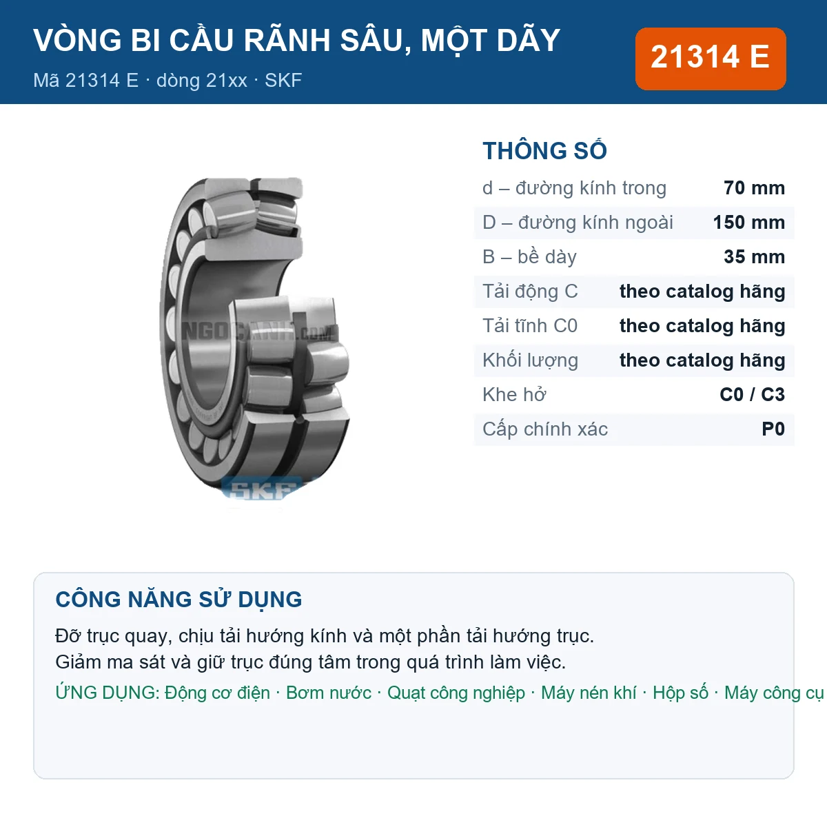 Vòng bi SKF 21314 E — kích thước 70x150x35mm