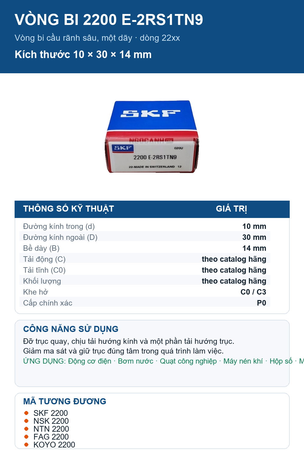 Vòng bi SKF 2200 E-2RS1TN9 10x30x14mm — Ảnh thông số (Pinterest)